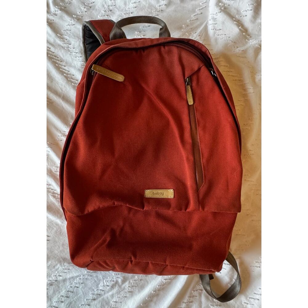 GUC Bellroy backpack rust colored canvas with leather logo
